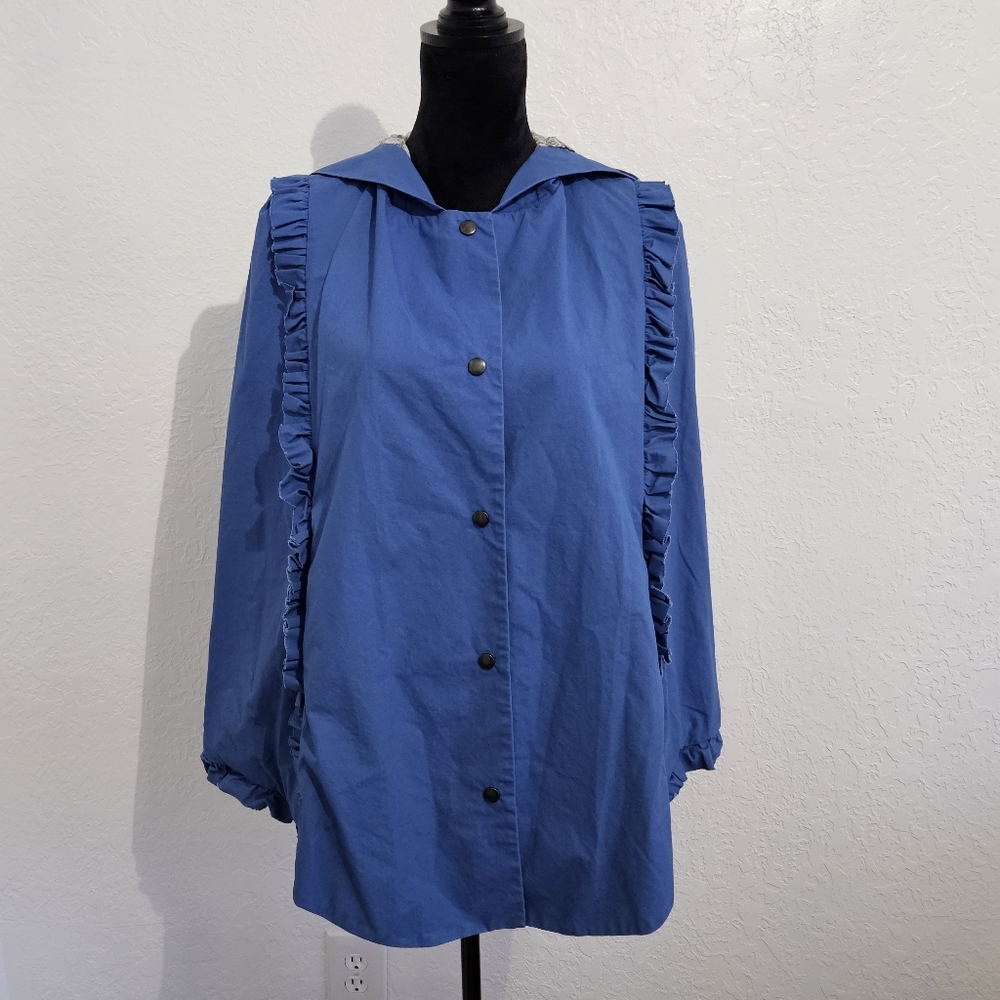 DEBORAH LYONS Blue Ruffled Memphis Cape Coat Hooded Jacket Sz 8 Rain Cottagecore